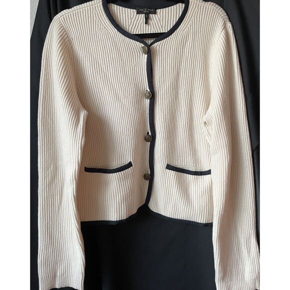 New Rag & Bone Nancy  Cardigan Ivory  Wool-Blend Ribbed Knit Size Large - Picture 4 of 6